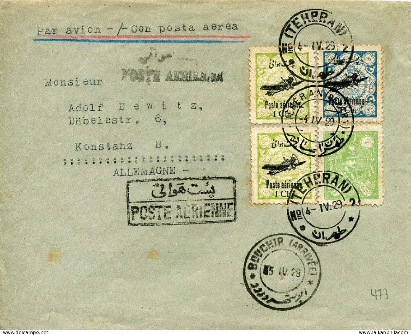 1929 Persia Teheran Via Bushire Airmail To Konstanz - Aserbaidschan
