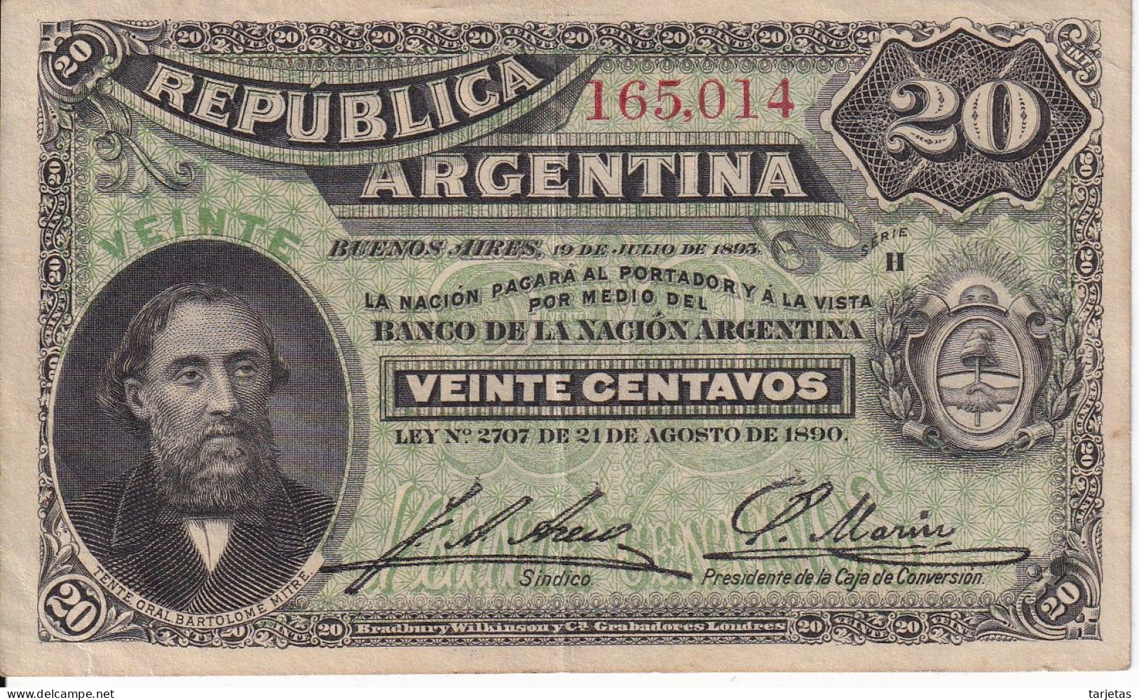 BILLETE DE ARGENTINA DE 20 CENTAVOS DEL AÑO 1895 EN CALIDAD EBC (XF) (BANKNOTE) - Argentina