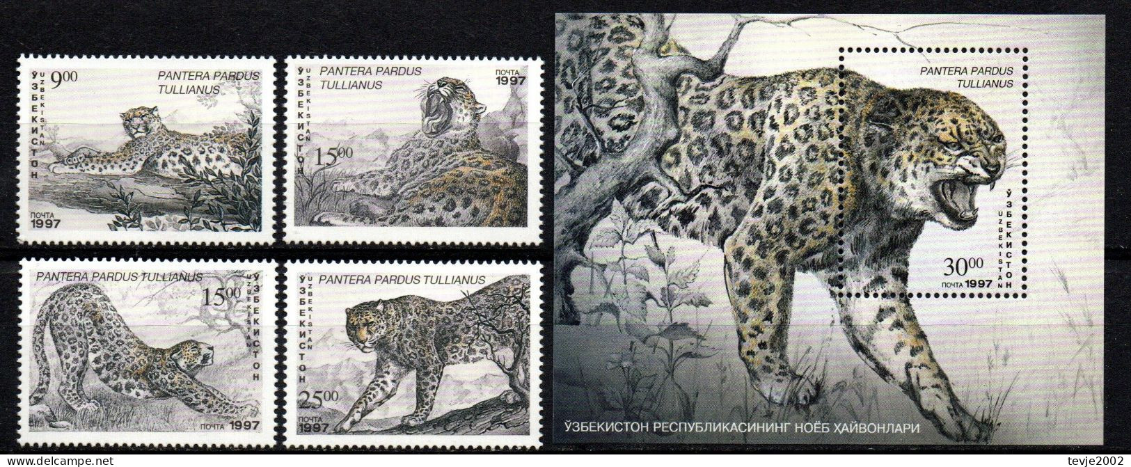 Usbekistan 1997 - Mi.Nr. 145 - 148 + Block 17 - Postfrisch MNH - Tiere Animals Leopard - Félins