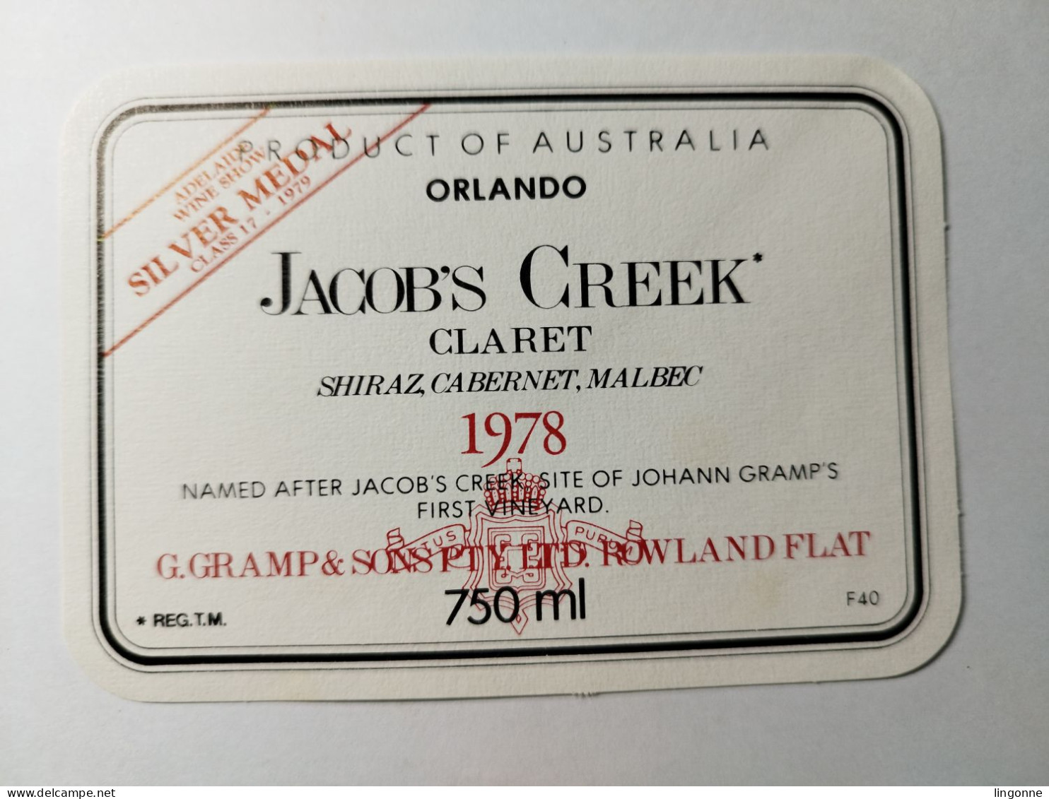 1978 Etiquette AUSTRALIA ORLANDO JACOB'S CREEK CLARET SHIRAZ CABERNET MALBEC SILVER MEDAL 1979 - Otros & Sin Clasificación