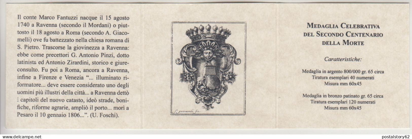 Conte Marco Fantuzzi ( 1740 - 1806 ) Medaglia Celebrativa In Bronzo Nel II° Centenario Della Morte. - Royal/Of Nobility