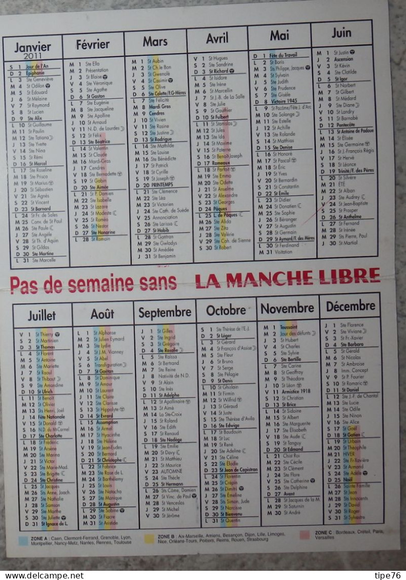 Petit Calendrier De Poche 2011 Journal La Manche Libre - Petit Format : 2001-...