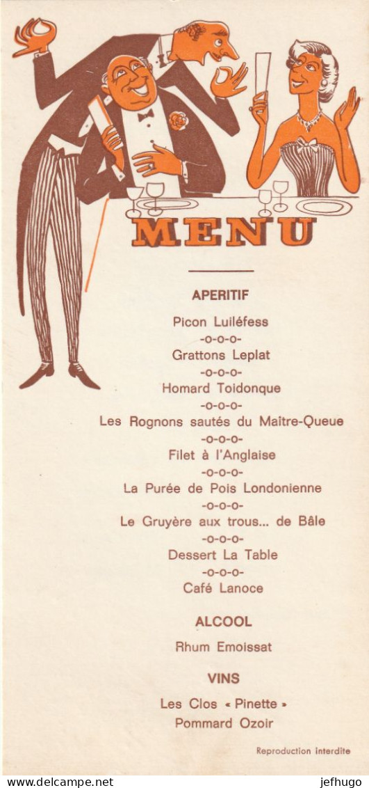 MENU HUMORISTIQUE AVEC JOLI DECORS AU MENU : PICON LUILEFESS,  LE GRUYERE AU TROU DE BALE ETC......SCAN R.V - Menu