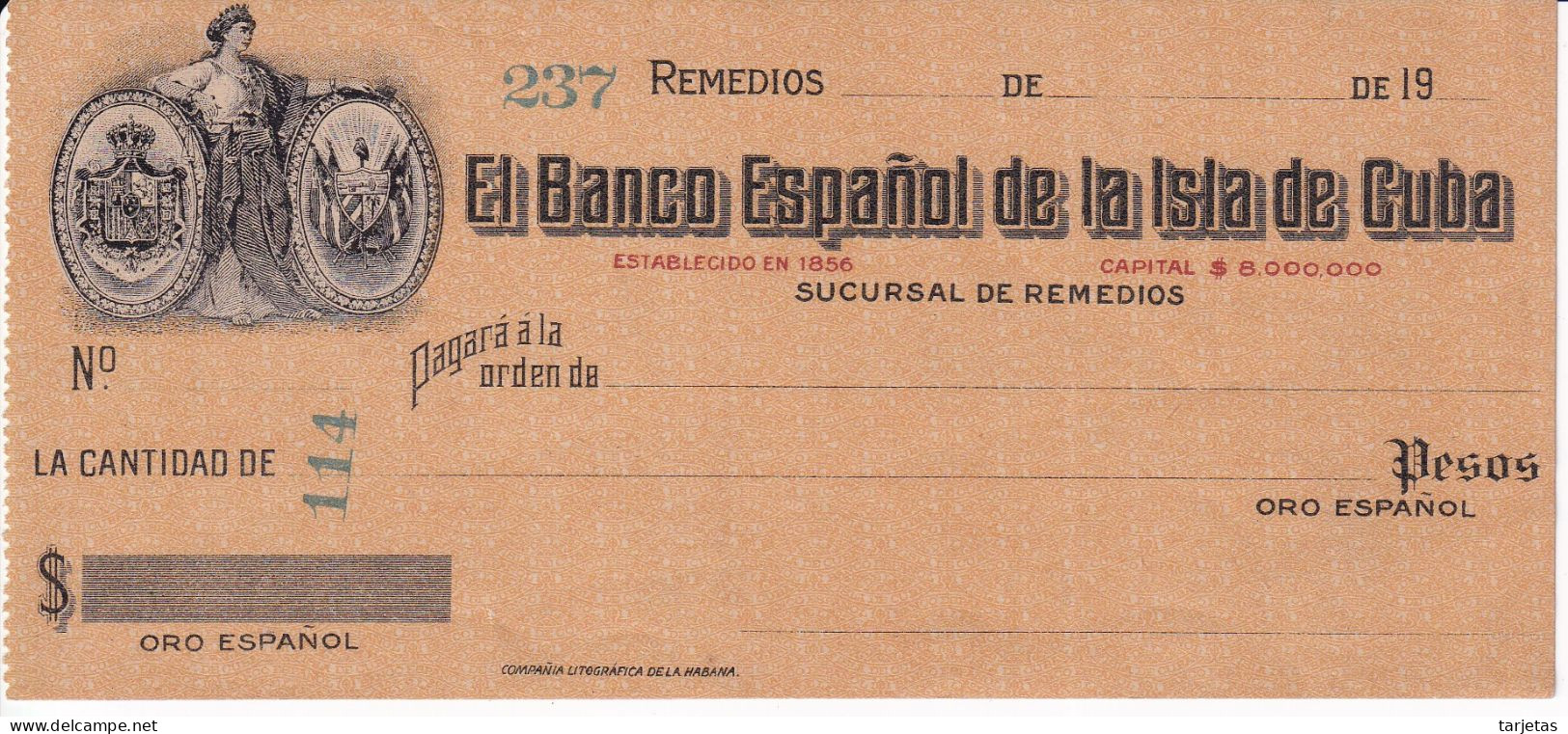 BILLETE SUCURSAL DE REMEDIOS DEL BANCO ESPAÑOL DE LA ISLA DE CUBA 114 PESOS EN ORO ESPAÑOL (BANKNOTE) (RARO) - Cuba