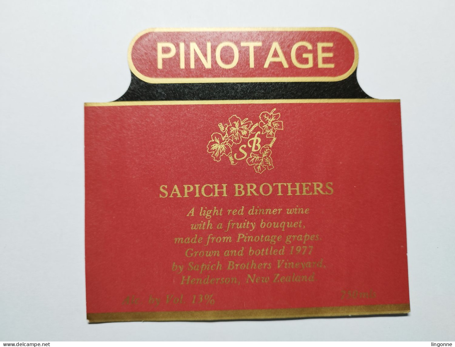 1977 Etiquette PINOTAGE SAPICH BROTHERS HENDERSON NEW ZEALAND NOUVELLE ZELANDE AFRIQUE DU SUD - Otros & Sin Clasificación