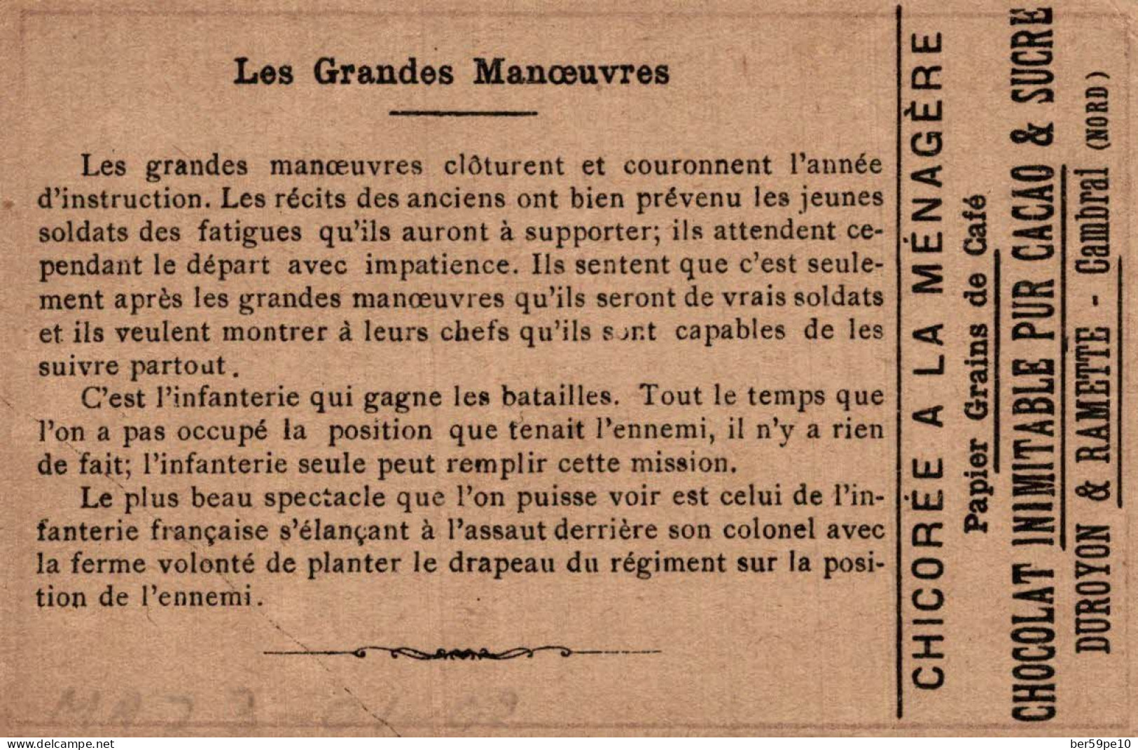 CHROMO CHICOREE A LA MENAGERE CHOCOLAT INIMITABLE DUROYON & RAMETTE N°23 LES GRANDES MANOEUVRES - Tea & Coffee Manufacturers