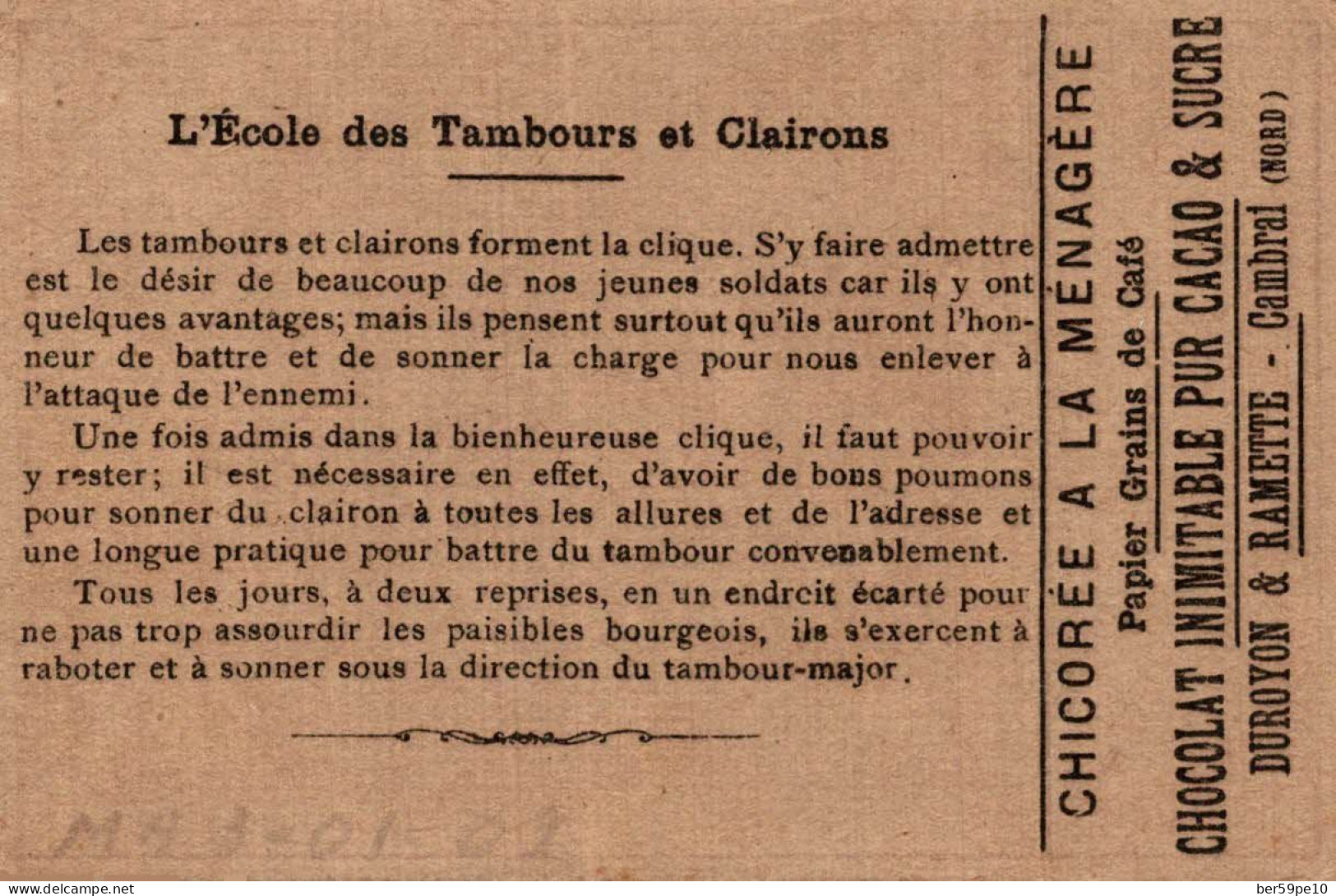 CHROMO CHICOREE A LA MENAGERE CHOCOLAT INIMITABLE DUROYON & RAMETTE N°16 L'ECOLE DES TAMBOURS ET CLAIRONS - Tè & Caffè