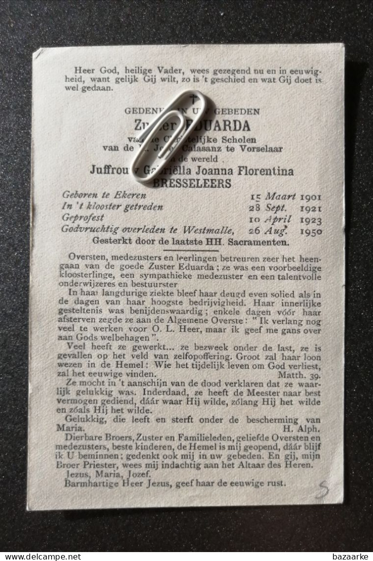 EERW. ZUTER EDUARDA / GABRIËLLA BRESSELEERS ° EKEREN 1901 + WESTMALLE 1950 / ZUSTER CHRISTELIJKE SCHOLEN TE VORSELAAR - Santini