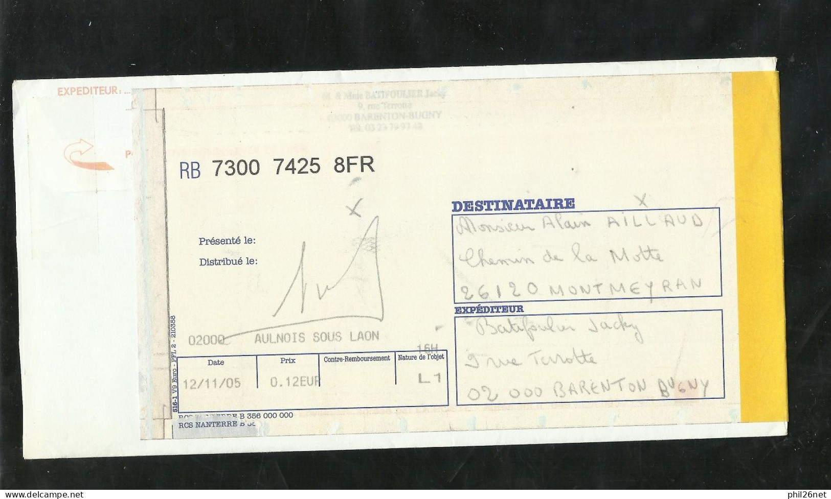 Lettre Recommandée De Aulnois Sous Laon Le 12/11/2005 Avec Les N°3639; 3806; Et Paires Des 3835 Et 3837 TB - Cartas & Documentos