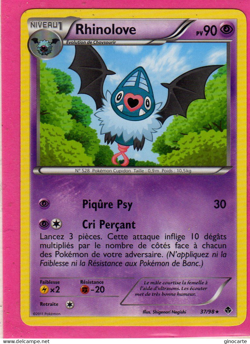 Carte Pokemon Francaise 2011 Noir Et Blanc Pouvoir Emmergeant 37/98 Rhinolove 90pv Neuve - Noir & Blanc