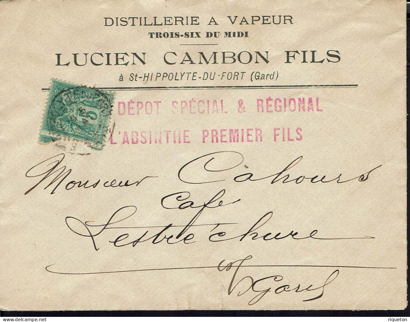 Fr. 1877. Distillerie à Vapeur Lucien Cambon à St. Hippolyte Du Fort. Sage 5 C. Sur Enveloppe Pour L'Estréchure. B/TB. - 1876-1898 Sage (Type II)