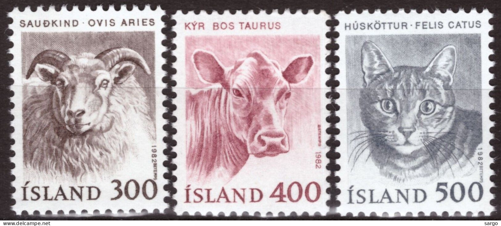 ICELAND  - 1982 -  FAUNA - ANIMALS -  3 V - MNH - SHEEP - CROW - CAT - - Ferme