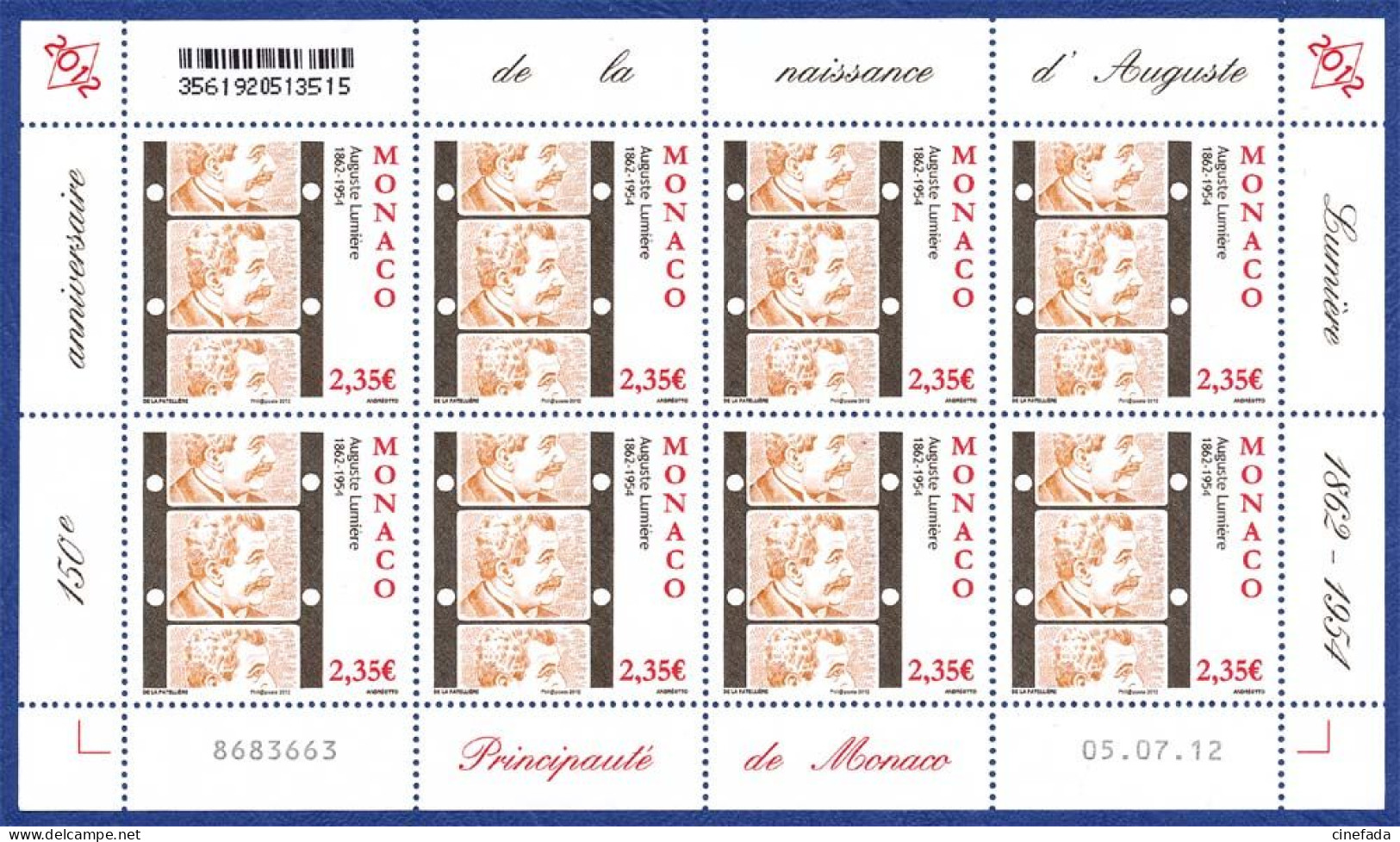 MONACO Auguste Lumière, 150e Anniversaire De La Naissance. Feuille 8 V, Neuf **. 2012. Cinéma, Film, Movie. - Cinéma