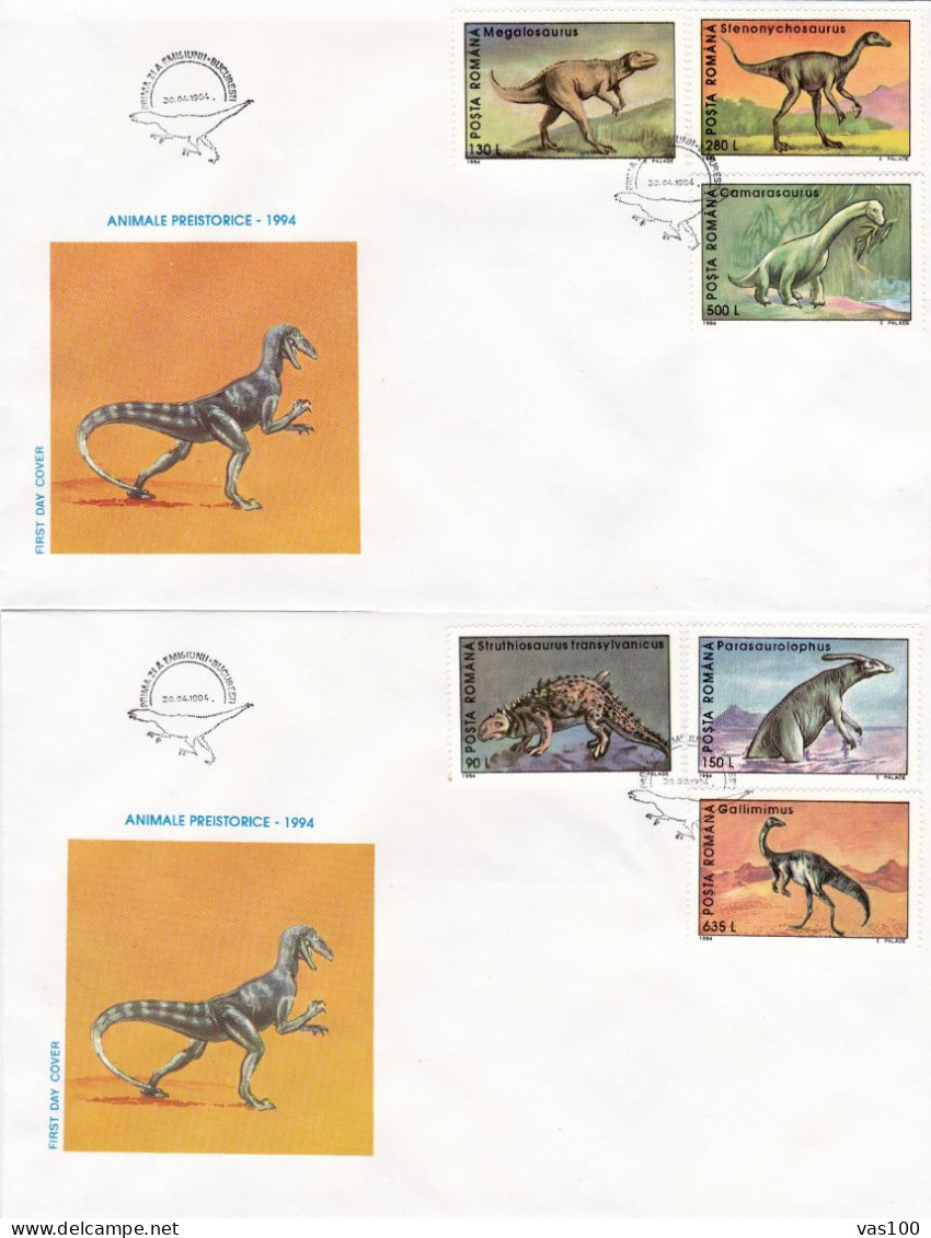 ANIMALS, PREHISTORICS, DINOSAURS, COVER FDC, 2X, 1994, ROMANIA - FDC