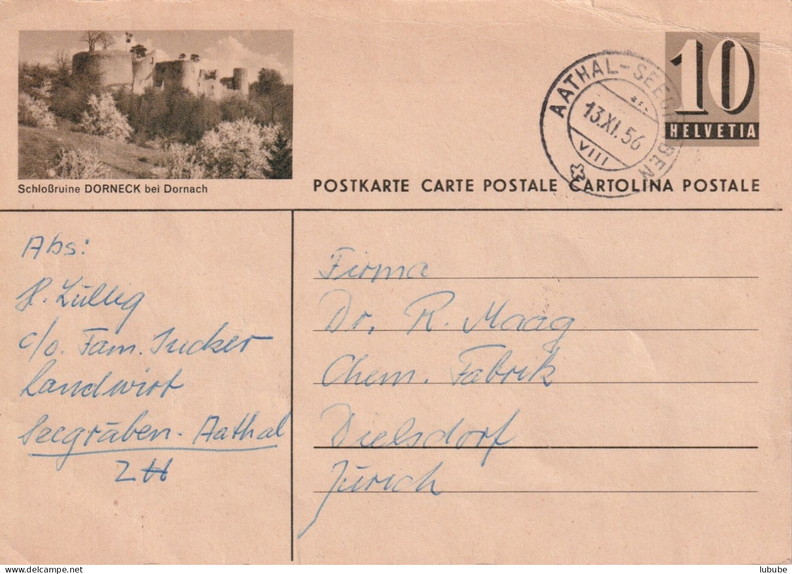 PK 182  "Schlossruine Dorneck Bei Dornach"  (Aathal-Seegräben)       1956 - Stamped Stationery