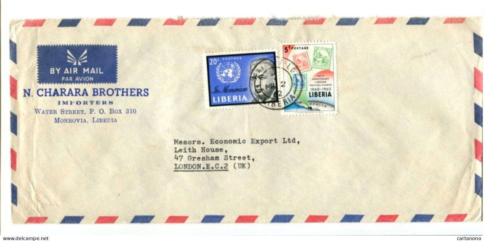 LIBERIA - Affranchissement Sur Lettre Par Avion - O.N.U. / 100e An. Du Timbre Du Liberia - Liberia