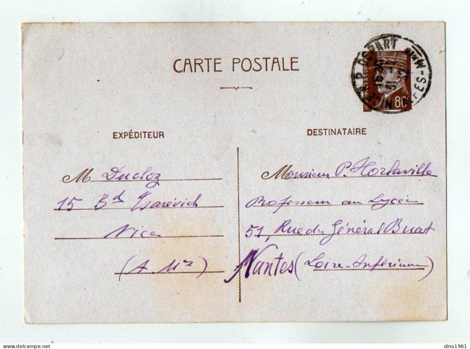 TB 4717 - 1942 - Entier Postal Type PETAIN - M. DUCLOZ à NICE Pour M. P. HORLAVILLE, Professeur à NANTES - Postales Tipos Y (antes De 1995)