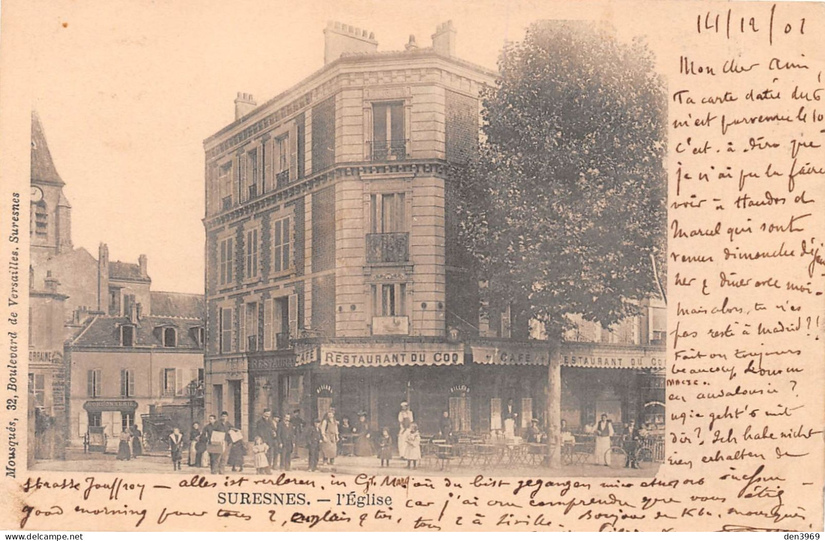 SURESNES (Hauts-de-Seine) - L'Eglise - Café-Restaurant Du Coq - Précurseur Voyagé 1901 (2 Scans) Sévilla Espagne - Suresnes