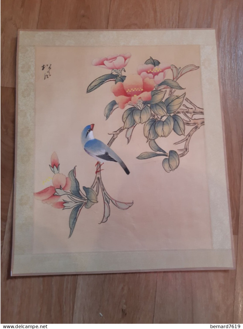 Peinture Sur Soie  XX E  Peinte A La Main En Chine - Signee - Fleur-  Oiseau - Asian Art