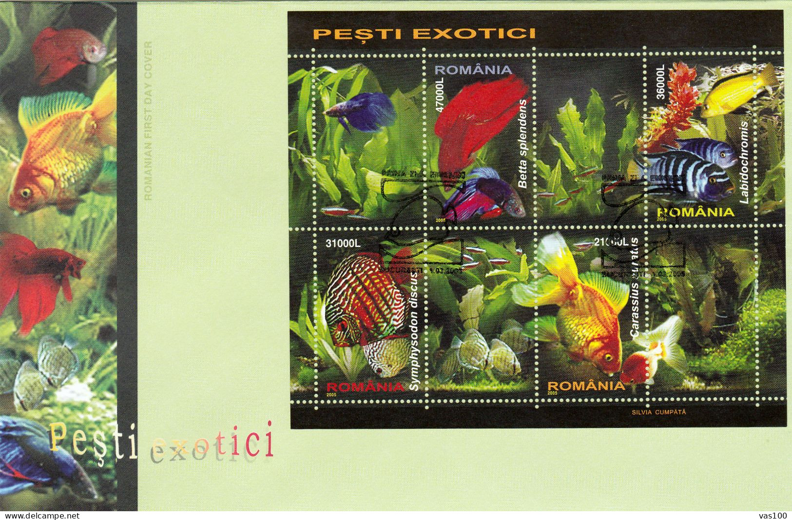 FISHES, FIGHTING FISH, DISCUS, GOLDFISH, CICHLIDS, COVER FDC, 2005, ROMANIA - FDC