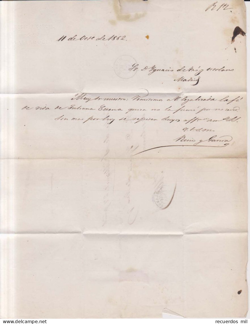 1862 Edifil 58 4c. Isabel II Carta Matasellos Rueda De Carreta 14 Valladolid Membrete Recio Y Garcia - Cartas & Documentos