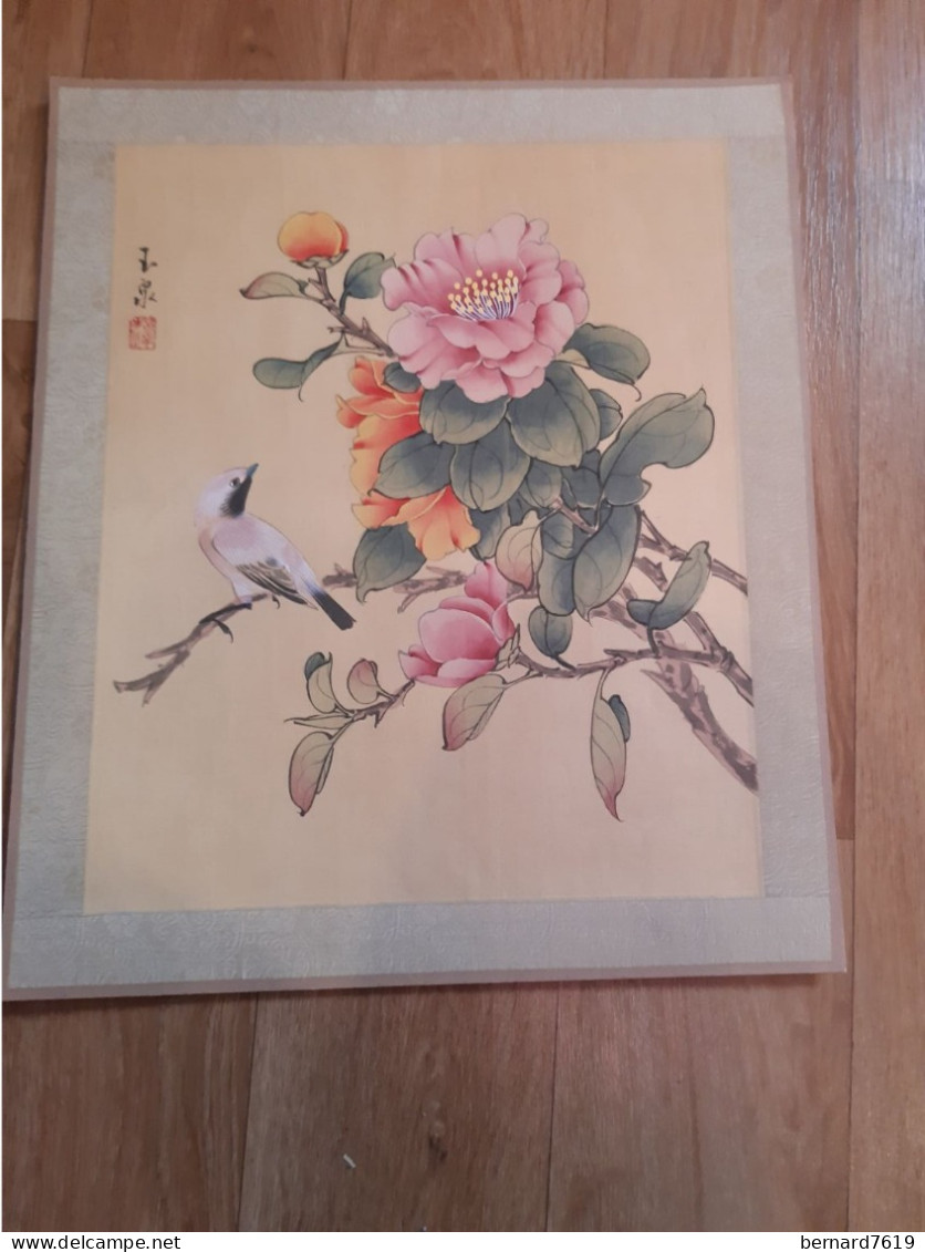 Peinture Sur Soie  XX E  Peinte A La Main En Chine - Signee - Fleur-  Oiseau - Asian Art