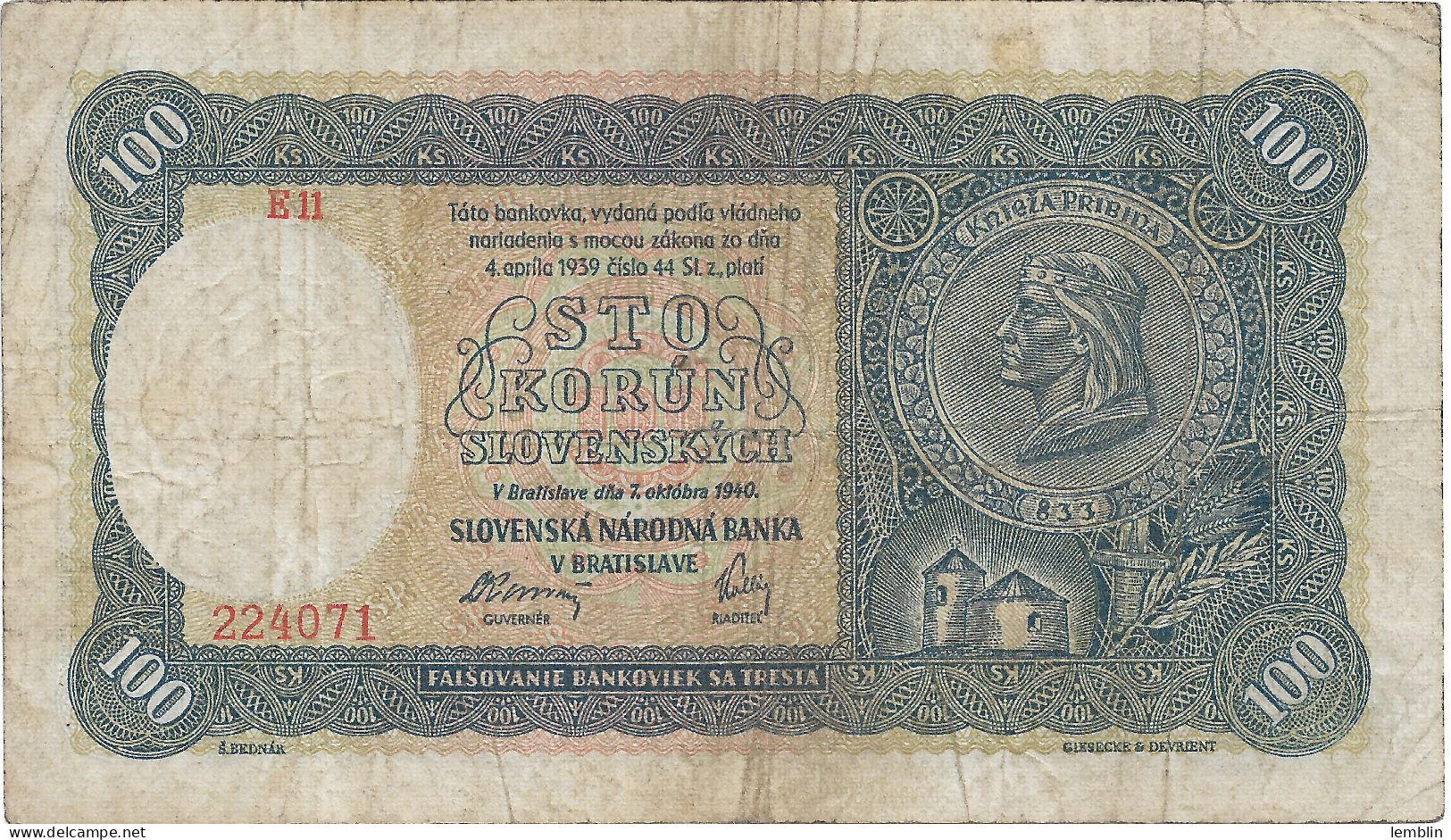 SLOVAQUIE - 100 COURONNES 1940 - Slovacchia