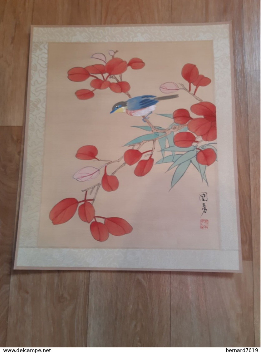 Peinture Sur Soie  XX E  Peinte A La Main En Chine - Signee - Fleur-  Oiseau - Aziatische Kunst