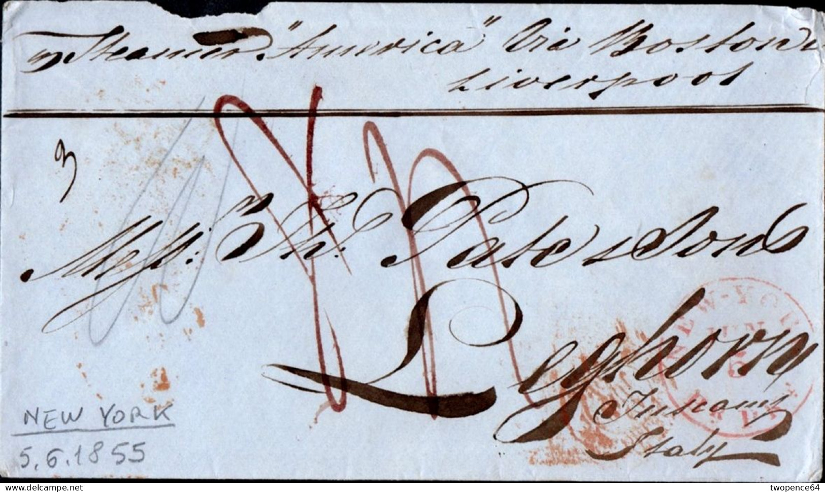 628 - BUSTA DA NEW YORK A LIVORNO 1855 - 1. ...-1850 Prephilately