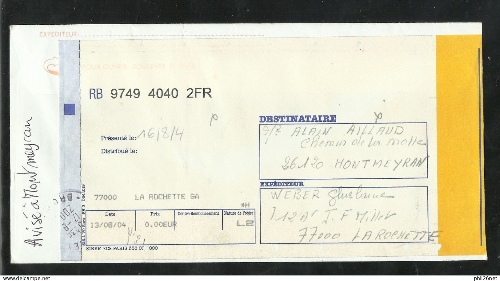 Lettre Recommandée R2 De La Rochette Le 13/8/2004 Avec Les N°3086;3100; 3094; 3098 Et 3099 Cinq Couleurs  B/ TB Soldé - Briefe U. Dokumente