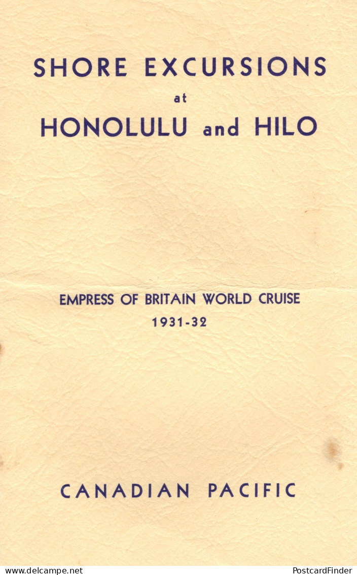 Shore Excursions To Honolulu Hilo Empress Of Britain 1931 World Cruise Ship Book - Andere & Zonder Classificatie