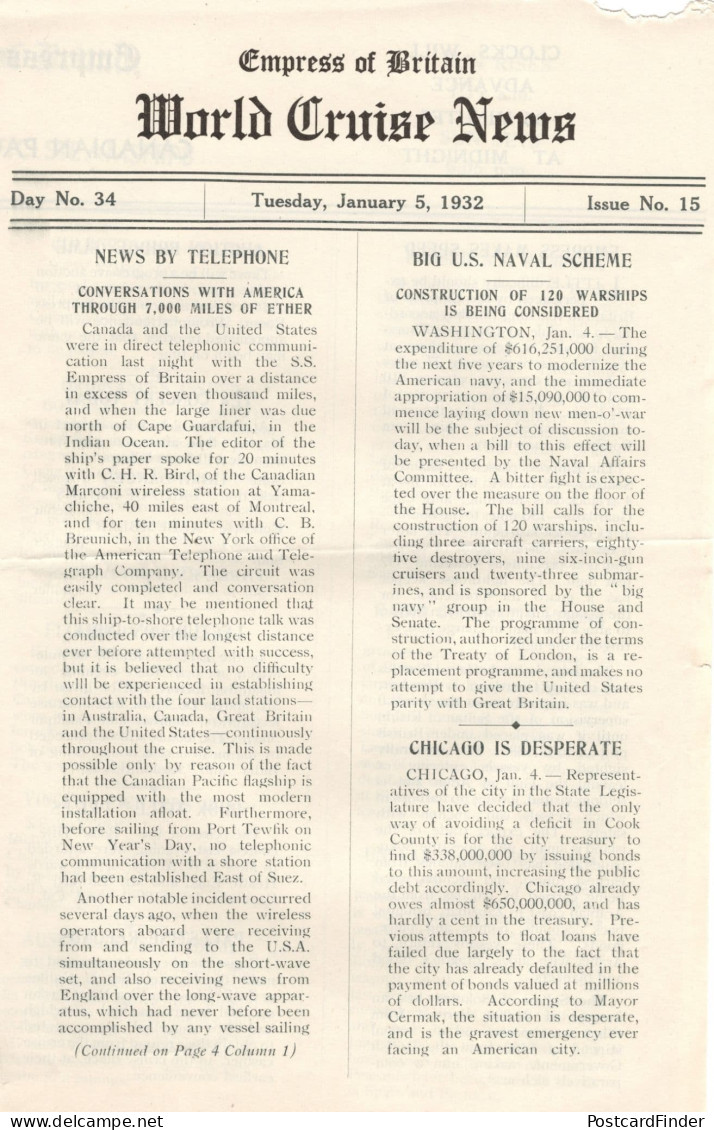 Empress Of Britain Ship 5th January 1932 Old News Guide Ether Telephone - Other & Unclassified