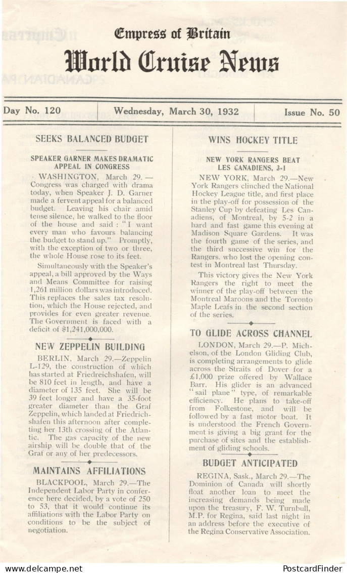 Empress Of Britain Ship 30th March 1932 News Guide New York Rangers Hockey - Altri & Non Classificati