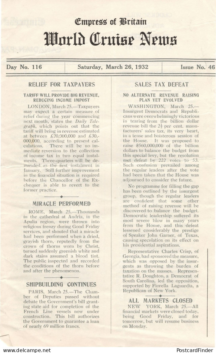 Empress Of Britain Ship 26th March 1932 Old News Guide London Tax - Altri & Non Classificati