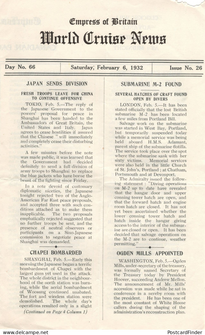 Empress Of Britain Ship 6th February 1932 Old News Guide M2 Submarine Found - Autres & Non Classés