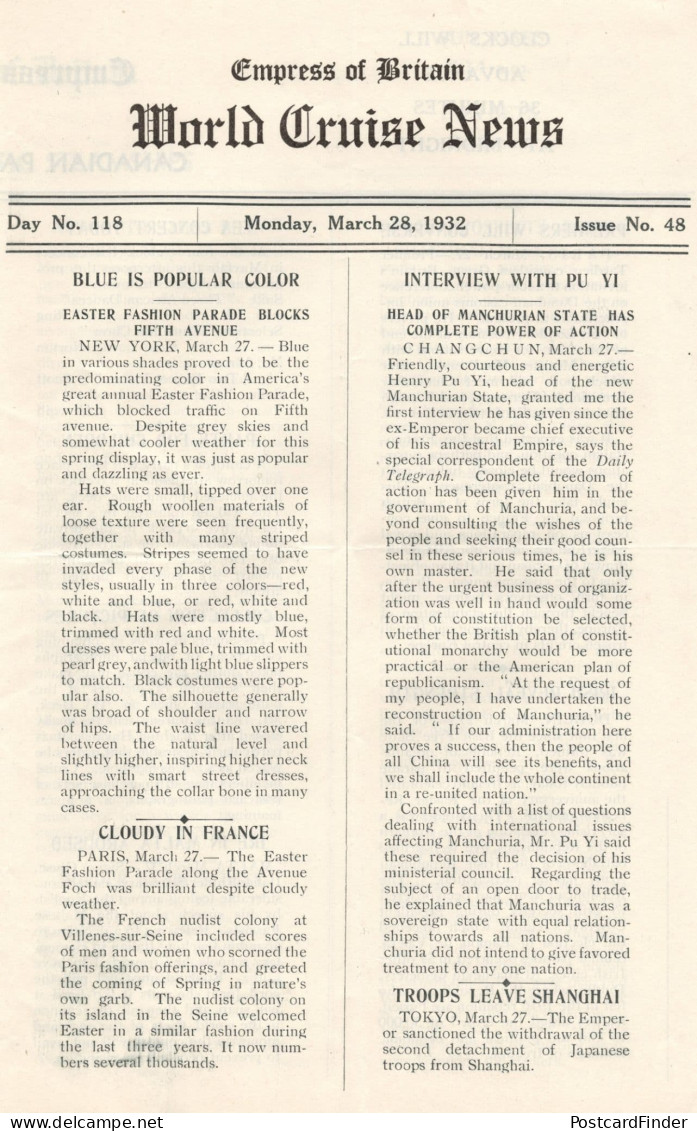 Empress Of Britain Ship 28th March 1932 Old News Guide Henry Pu Yi - Andere & Zonder Classificatie