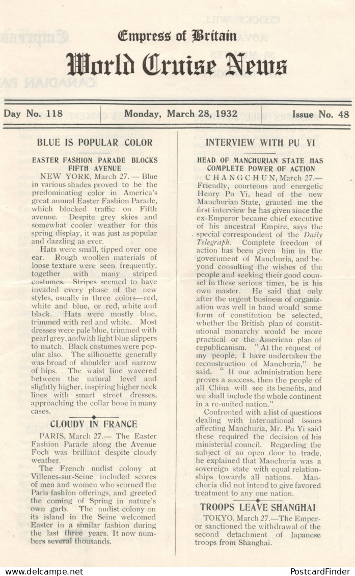 Empress Of Britain Ship 28th March 1932 Old News Guide Henry Pu Yi - Altri & Non Classificati