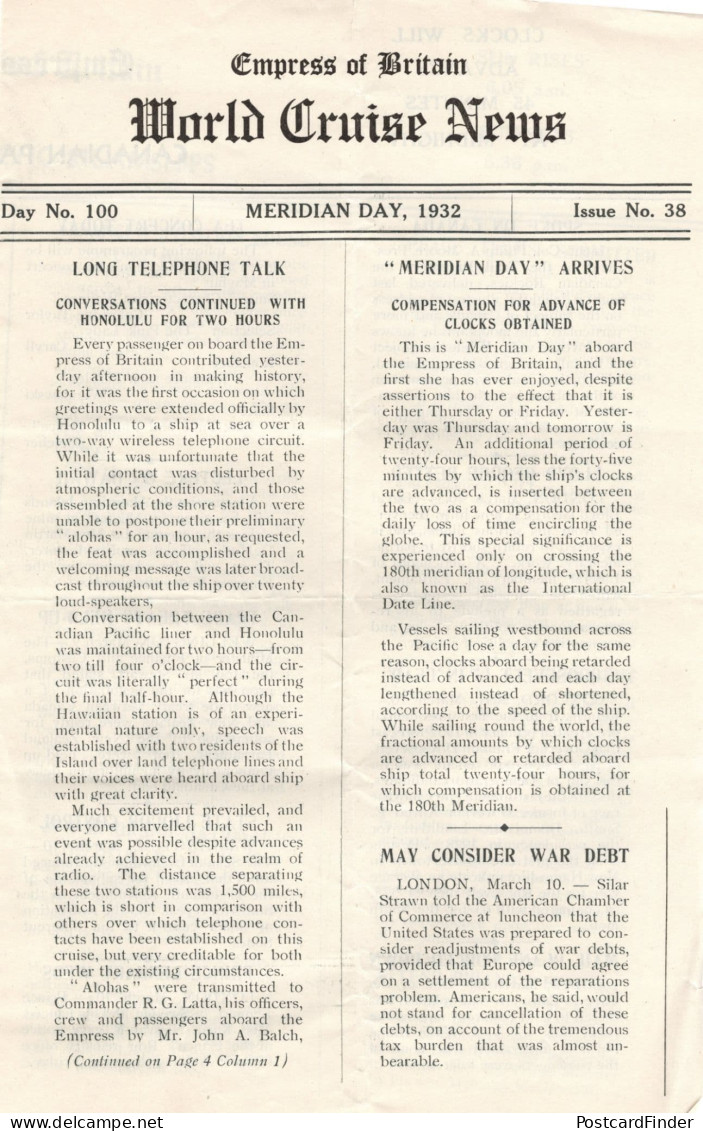 Empress Of Britain Ship Meridian Day 1932 Old News Guide Clock - Other & Unclassified