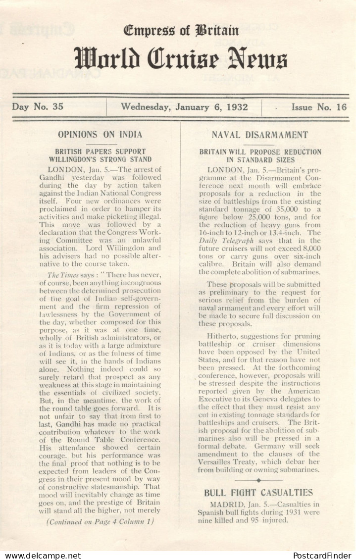 Empress Of Britain Ship 6th January 1932 Old News Guide Gandhi Arrest - Altri & Non Classificati