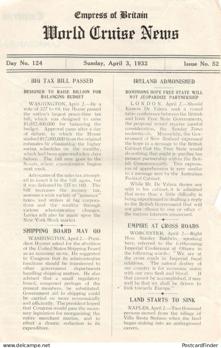 Empress Of Britain Ship April 3rd 1932 Old News Guide Washington Bill - Other & Unclassified