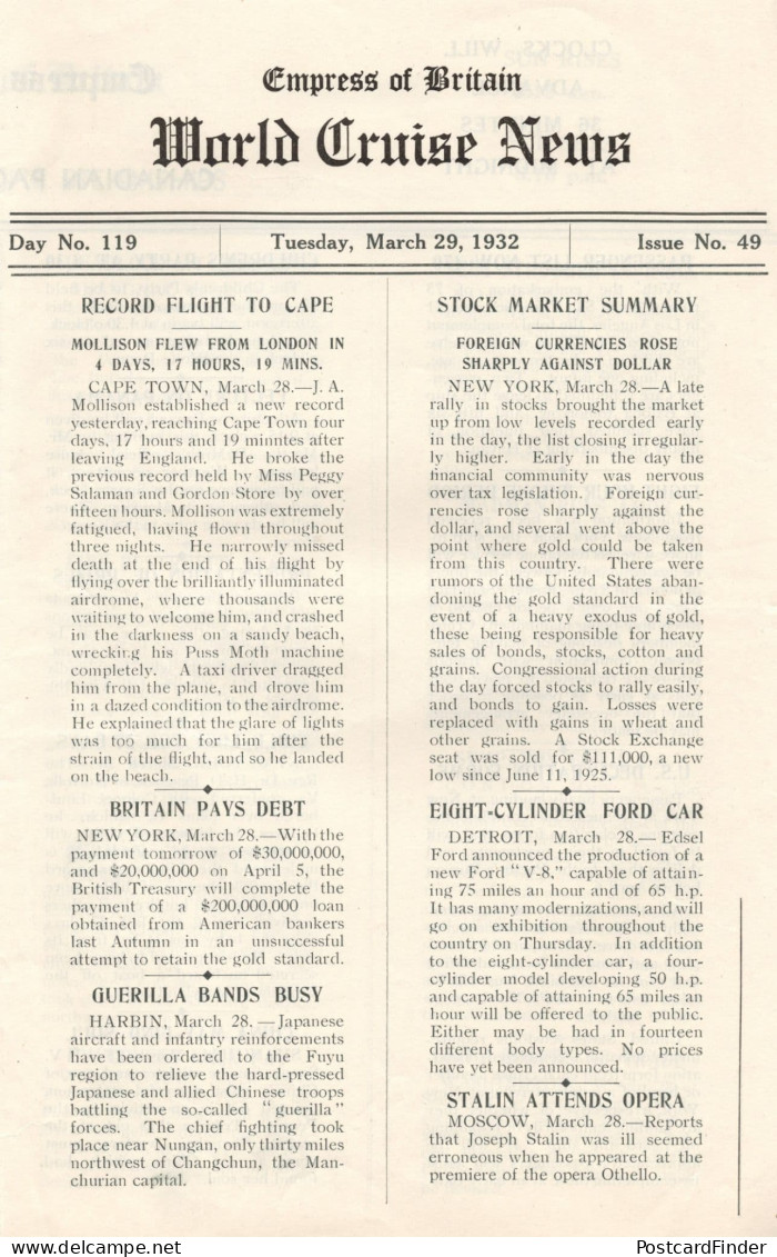 Empress Of Britain Ship 29th March 1932 Old News Guide Record Air Flight - Andere & Zonder Classificatie