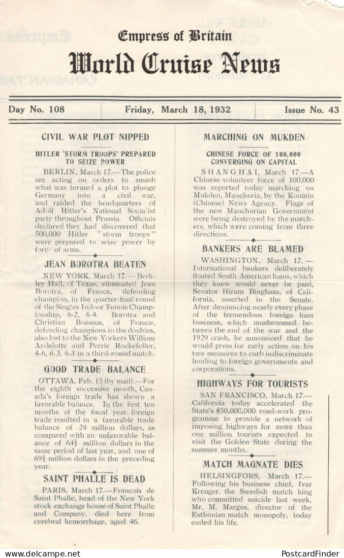 Empress Of Britain Ship 18th March 1932 Old News Guide Hitler War Plot - Andere & Zonder Classificatie