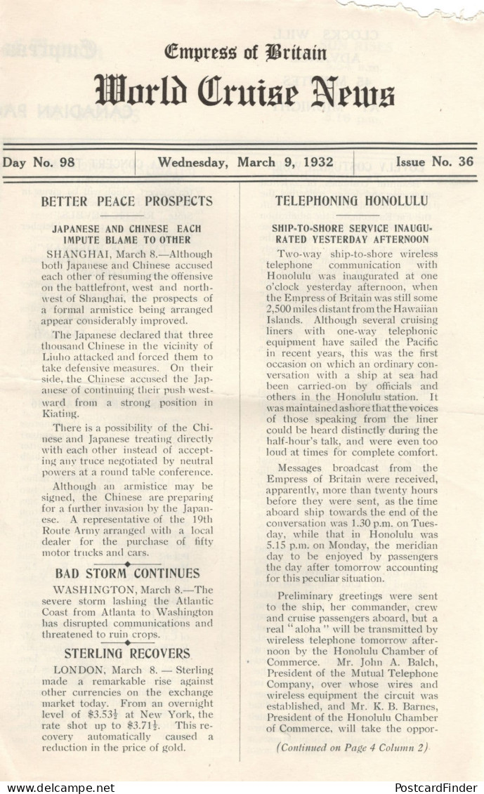 Empress Of Britain Ship 9th March 1932 Old News Guide Honolulu Telephone - Other & Unclassified