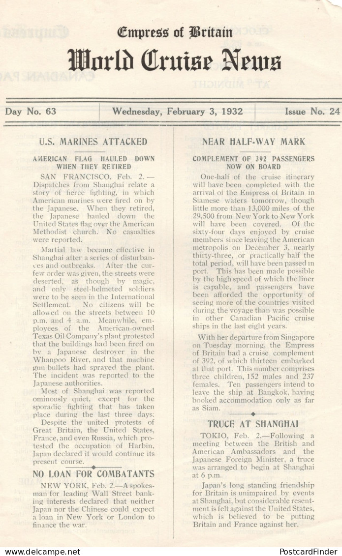 Empress Of Britain Ship 3rd February 1932 Old News Guide US Marines Attacked - Andere & Zonder Classificatie