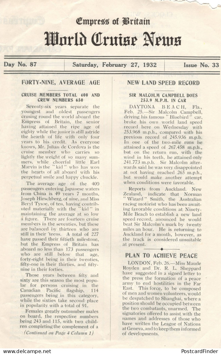 Empress Of Britain Ship 27th February 1932 Old News Guide Bluebird Car - Other & Unclassified