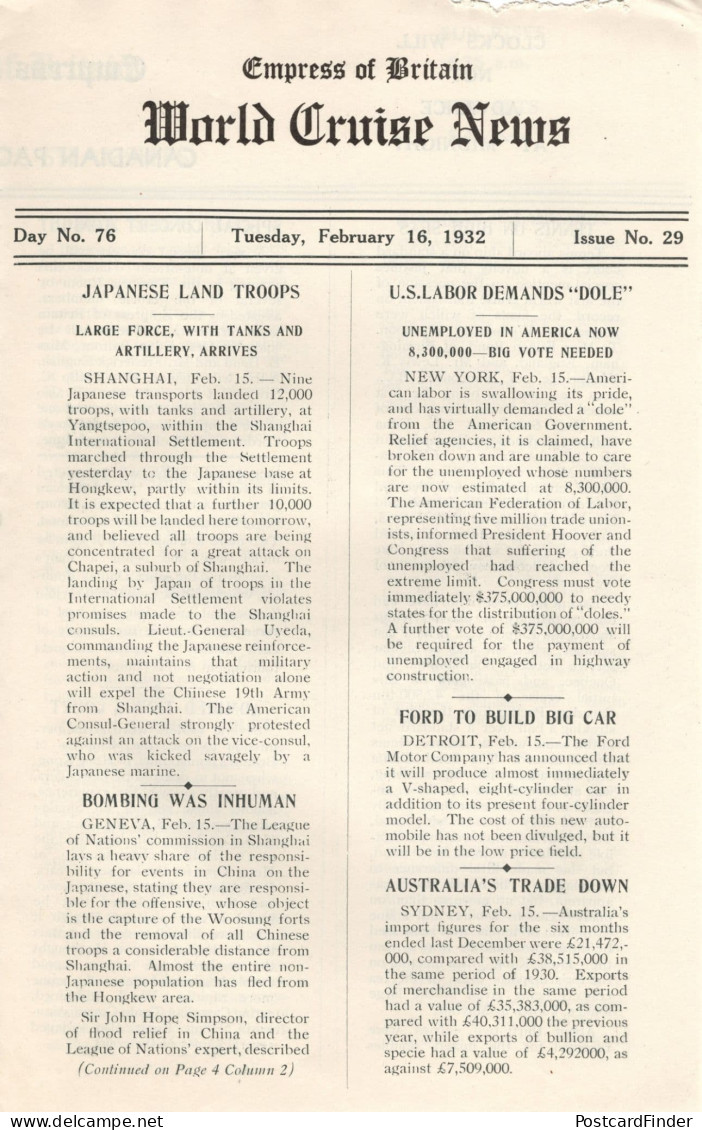 Empress Of Britain Ship 16th February 1932 Old News Guide Detroit Ford Cars - Autres & Non Classés