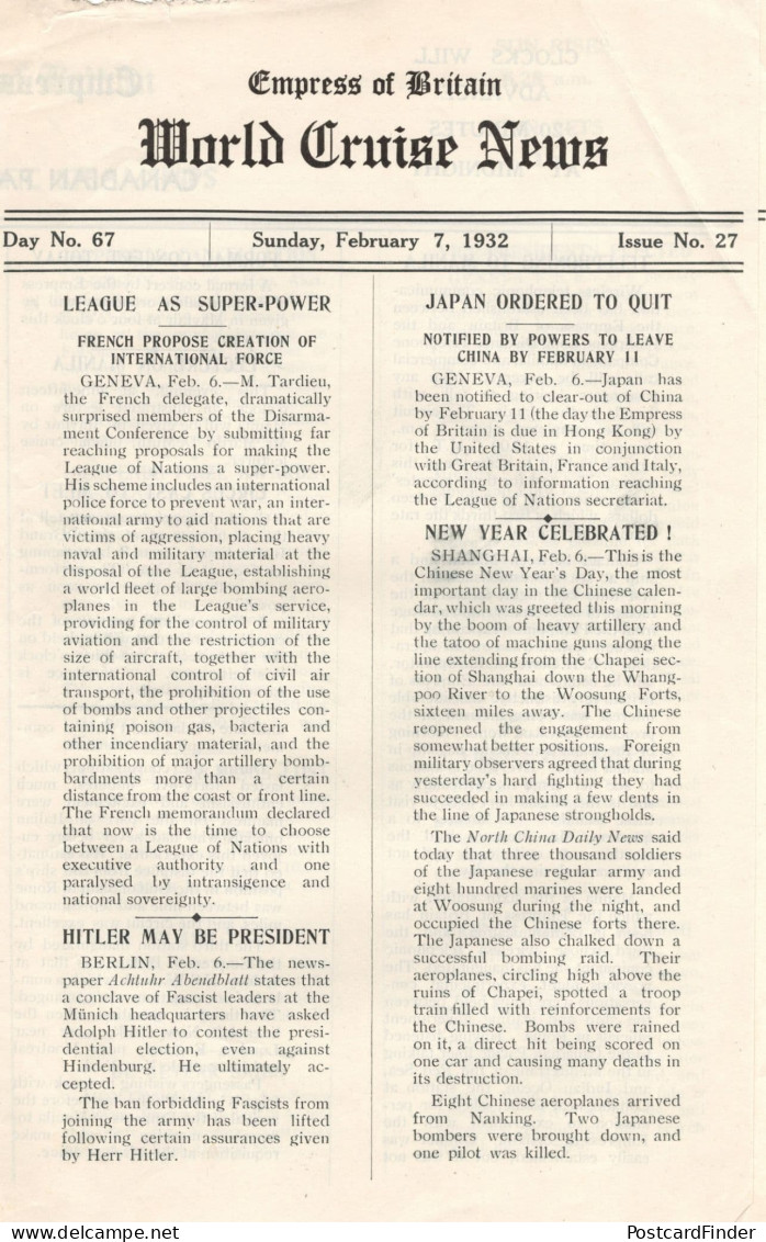 Empress Of Britain Ship 7th February 1932 Old News Guide Adolf Hitler - Otros & Sin Clasificación