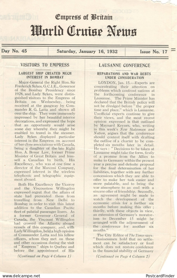 Empress Of Britain Ship January 16th 1932 Old News Guide Bombay India - Other & Unclassified