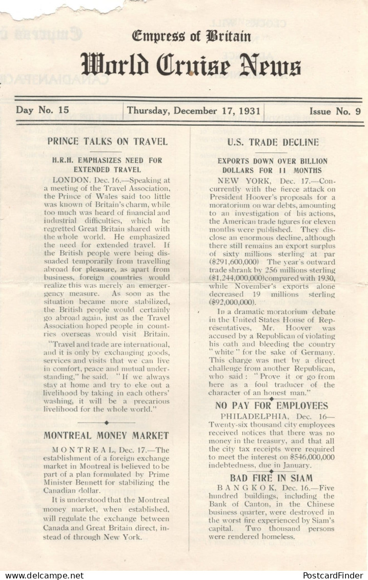 Empress Of Britain Ship 17th December 1931 News Guide Prince Of Wales - Autres & Non Classés