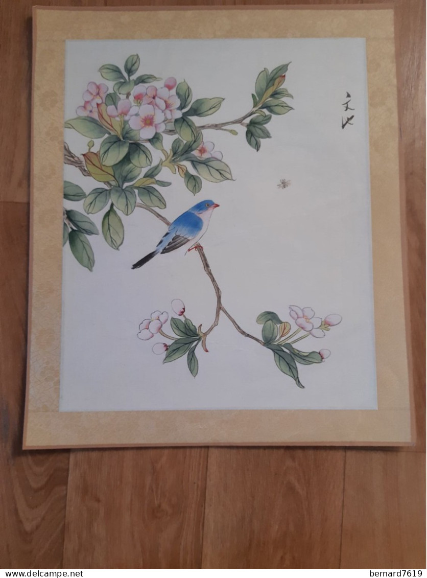 Peinture Sur Soie  XX E  Peinte A La Main En Chine - Signee - Fleur -  Oiseau - Asian Art